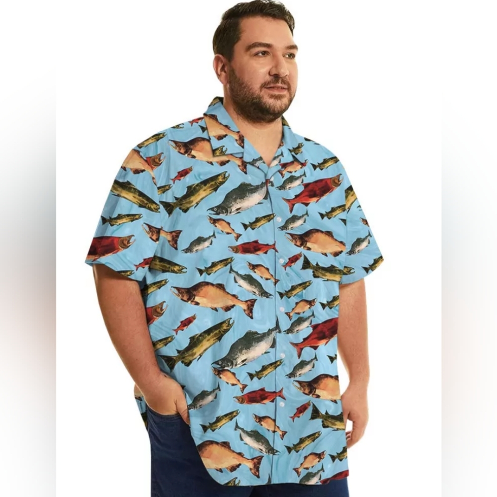 AK Aloha Co. Fish Print Button-Up Shirt Big And Tall Size 2X